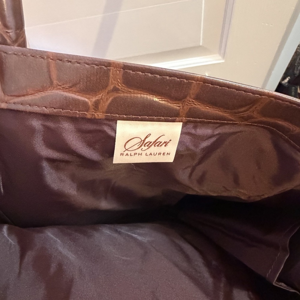 NEW 90s Ralph‎ Lauren Safari Croc-Embossed Faux Leather Tote Bag Luggage Brown - Picture 3 of 6